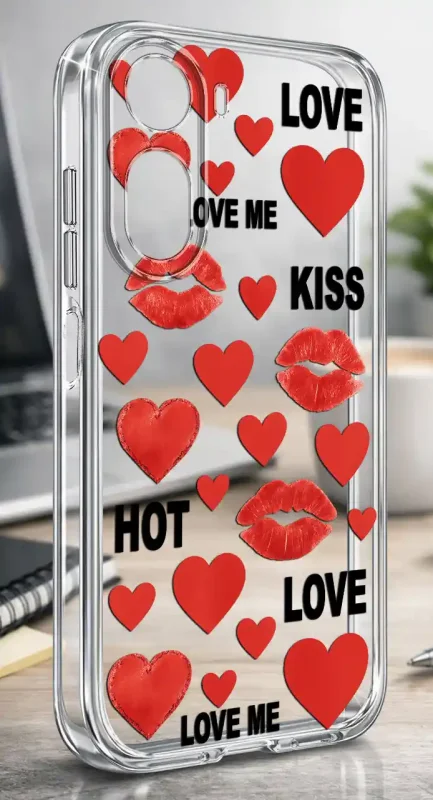 Etui walentynkowe do Xiaomi Redmi A7 Pro z motywem czerwonych serc, pocałunków i napisów LOVE na przezroczystym tle