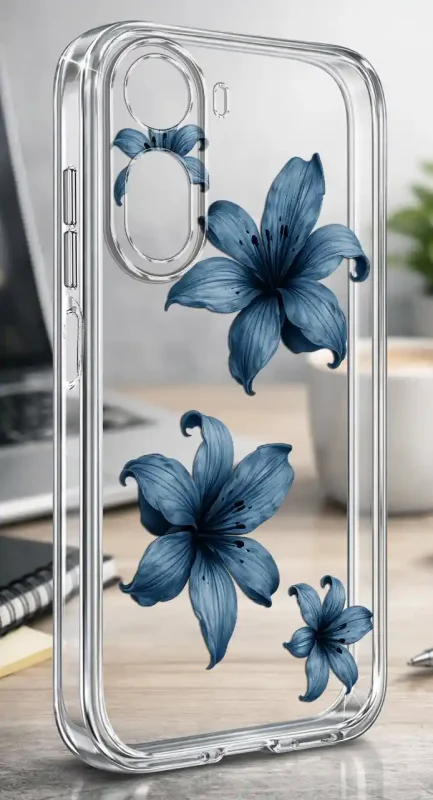 Etui wiosenne do Xiaomi Redmi A7 Pro z dużymi niebieskimi kwiatami na przezroczystym tle