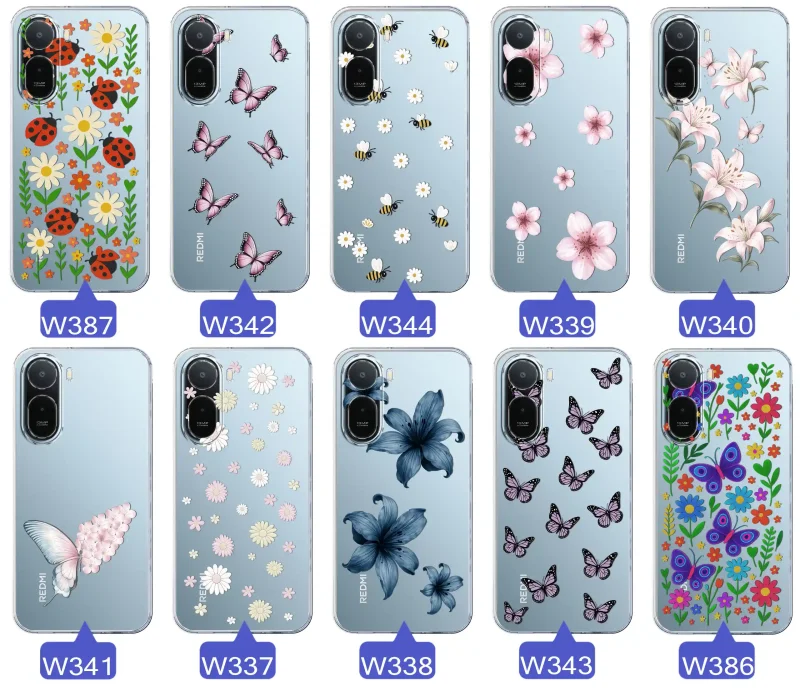 Kolekcja etui wiosennych Xiaomi Redmi A7 Pro: różnorodne wzory kwiatki, motylki, pszczółki, biedronki na przezroczystym case