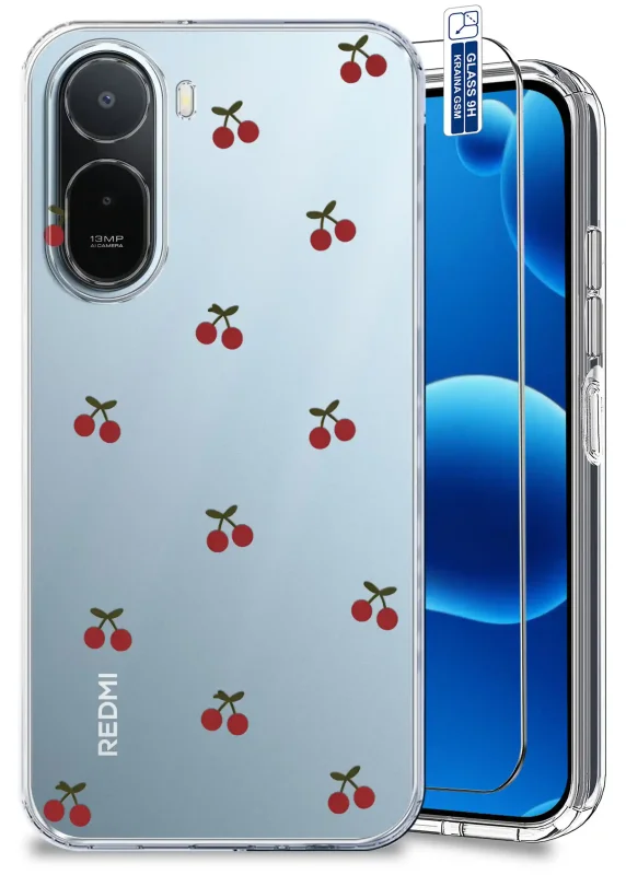 Przezroczyste modne etui do Xiaomi Redmi A7 Pro z motywem czerwonych wisienek oraz szkłem hartowanym 9H w zestawie