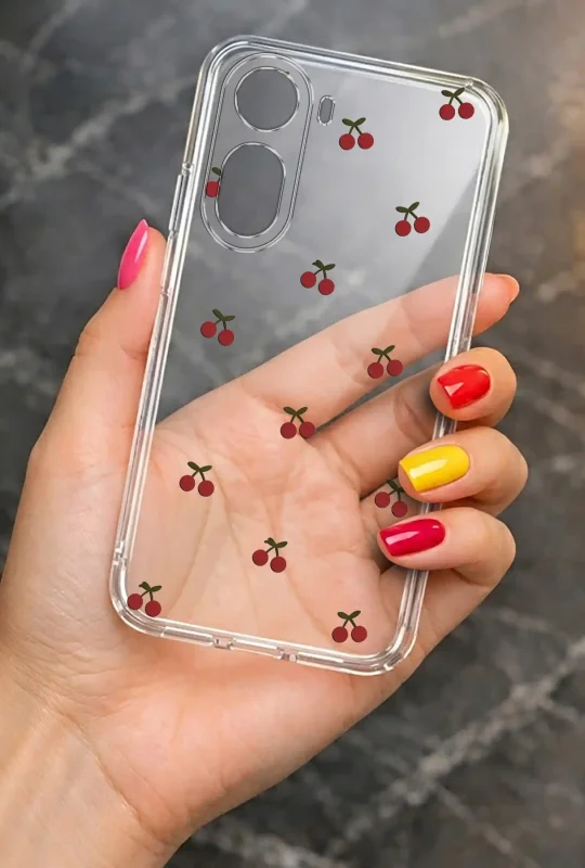 Przezroczyste etui do Xiaomi Redmi A7 Pro z motywem czerwonych wisienek prezentowane w dłoni