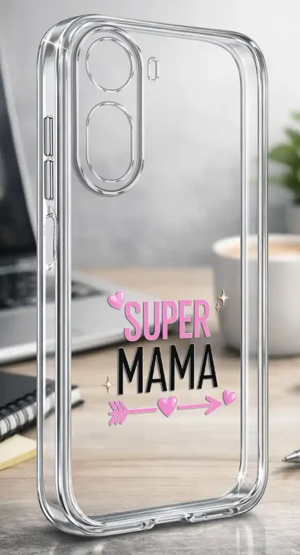 Etui dla Mamy do Xiaomi Redmi A7 Pro z napisem Super Mama, sercami i dekoracyjną strzałką na przezroczystym tle