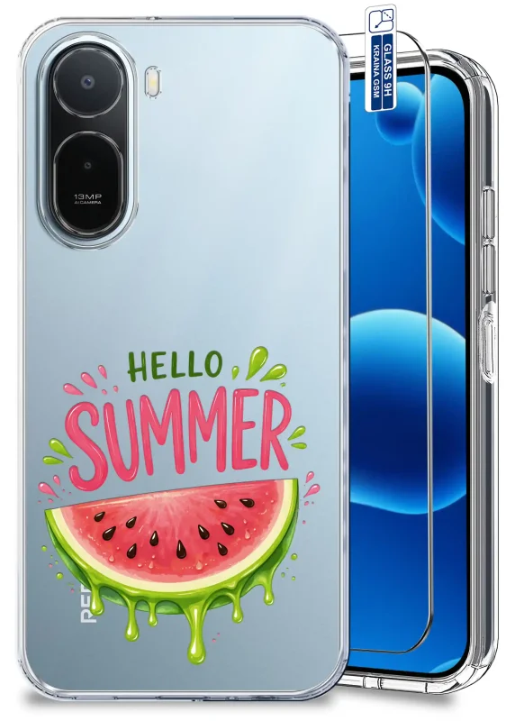 Przezroczyste etui wakacyjne do Xiaomi Redmi A7 Pro z napisem Hello Summer i motywem arbuza oraz szkłem hartowanym 9H w zestawie