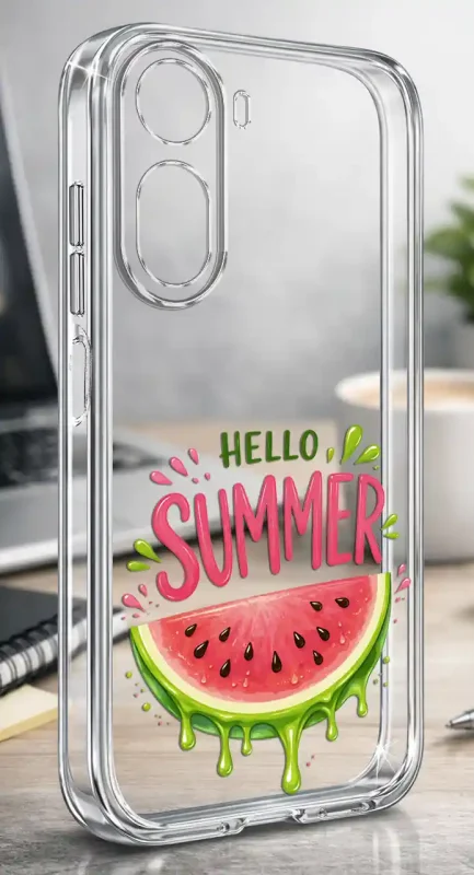 Etui wakacyjne do Xiaomi Redmi A7 Pro z napisem Hello Summer i kolorowym motywem arbuza na przezroczystym tle
