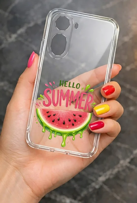 Przezroczyste etui do Xiaomi Redmi A7 Pro z napisem Hello Summer i motywem arbuza prezentowane w dłoni