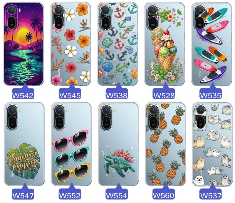 Kolekcja wakacyjnych wzorów etui do Xiaomi Redmi A7 Pro: palmy, kwiaty, kotwice, lody, deski surfingowe, ananasy i foki