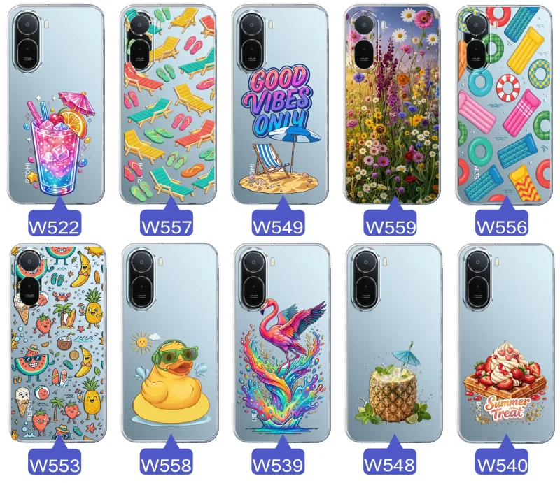 Zestaw przezroczystych etui do Xiaomi Redmi A7 Pro z wakacyjnymi motywami drinka, leżaków, napisu good vibes, kwiatów, flaminga, ananasa i deseru