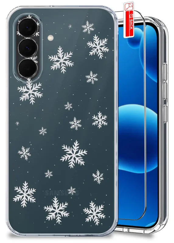 Przezroczyste etui świąteczne do Samsung Galaxy A37 5G z białymi śnieżynkami oraz szkłem hartowanym 9H w zestawie