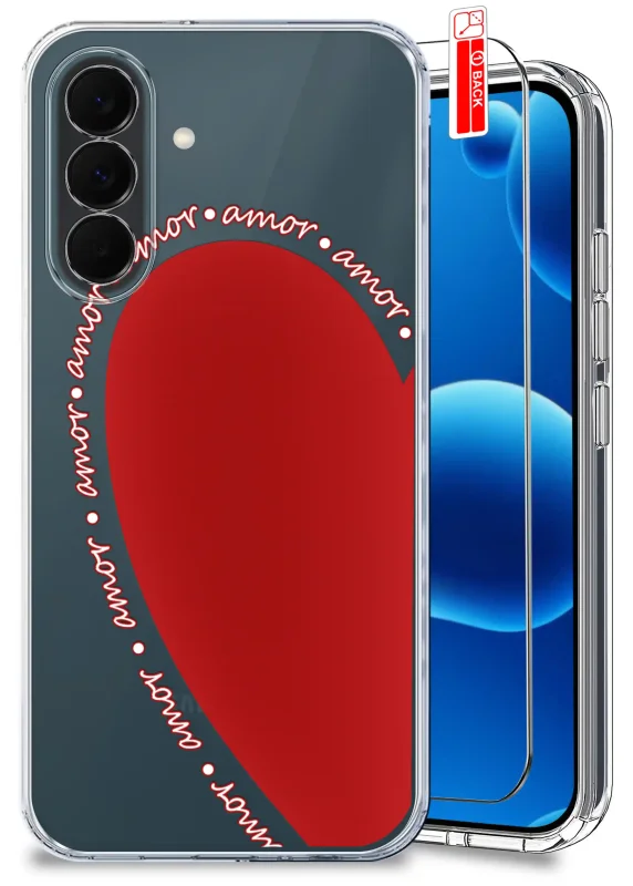 Przezroczyste etui walentynkowe do Samsung Galaxy A37 5G z dużym czerwonym sercem i napisem amor oraz szkłem hartowanym 9H