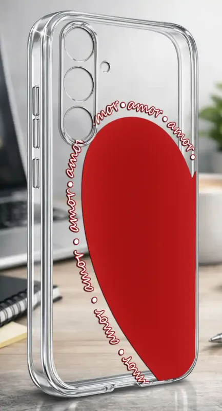 Etui do Samsung Galaxy A37 5G z walentynkowym motywem czerwonego serca i powtarzającym się napisem amor