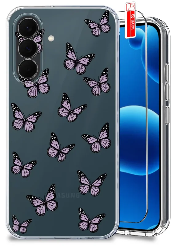 Przezroczyste etui wiosenne do Samsung Galaxy A37 5G z fioletowymi motylami oraz szkłem hartowanym 9H w zestawie