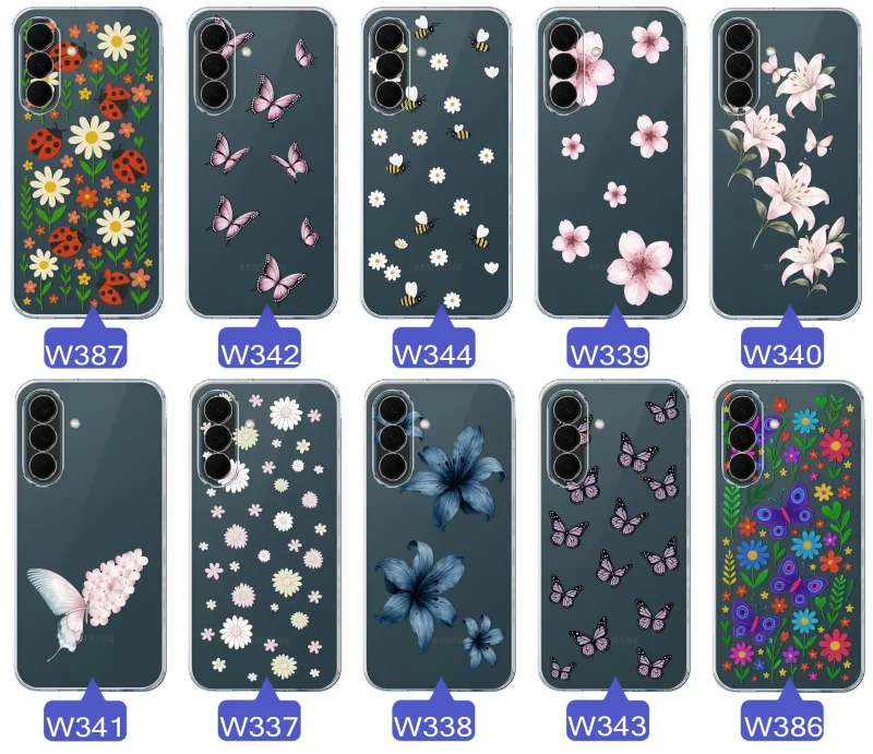 Kolekcja etui wiosennych Samsung Galaxy A37 5G: różnorodne wzory kwiatki, motylki, pszczółki, biedronki na przezroczystym case