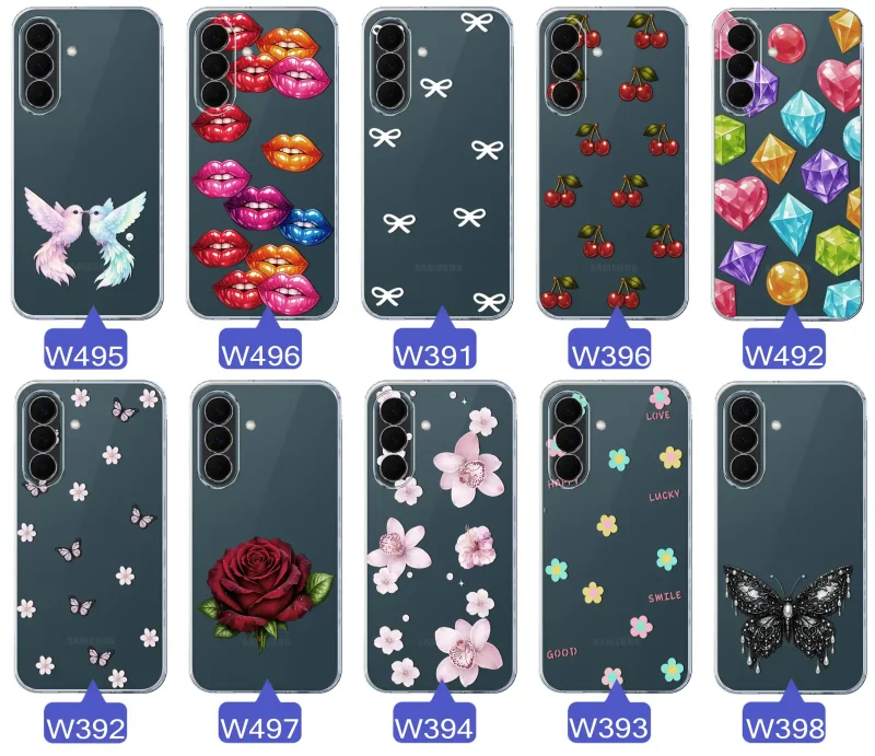 Różne kolorowe stylowe wzory na etui do Samsung Galaxy A37 5G: kwiaty, wiśnie, ptaszki, usta, kokardy