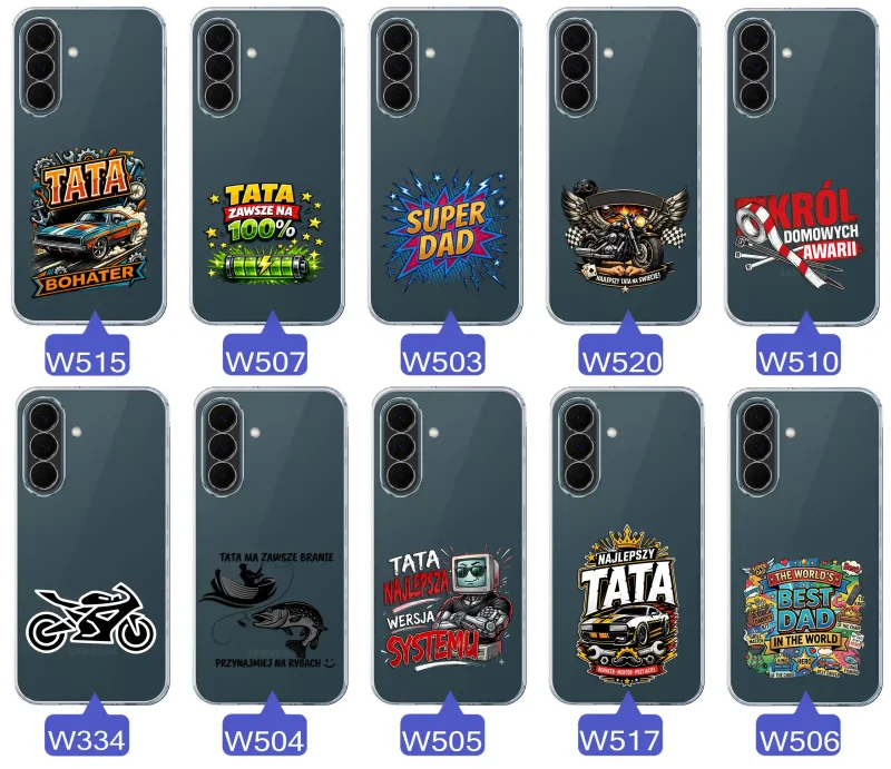 Kolekcja wzorów dla Taty i na Dzień Ojca do Samsung Galaxy A37 5G:  kolorowe grafiki i napisy Super Tata, Super Dad, Najlepszy Tata Na Świecie i inne