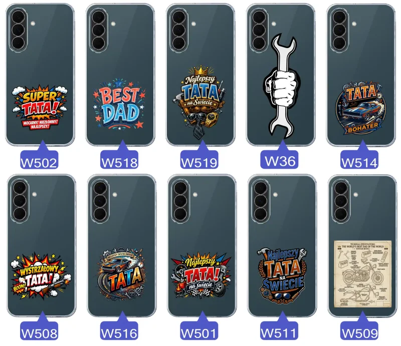 Różne wzory przezroczystych etui dla Taty do Samsung Galaxy A37 5G z kolorowymi nadrukami i motywami na Dzień Ojca i nie tylko