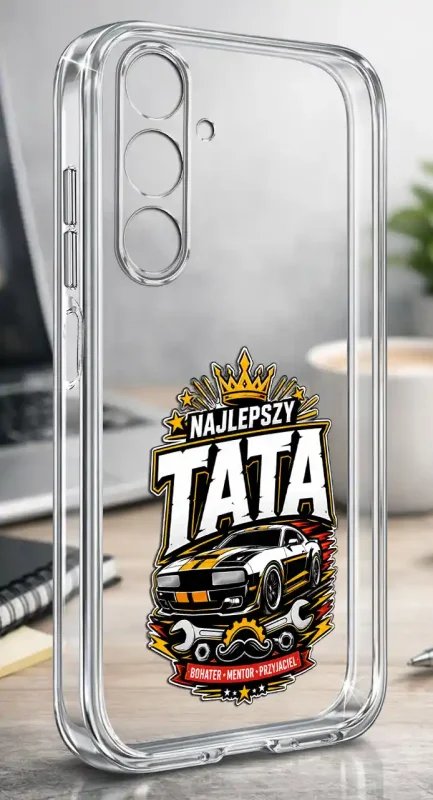Etui dla Taty do Samsung Galaxy A37 5G z grafiką Najlepszy Tata, samochodem, koroną i narzędziami prezentowane w dłoni