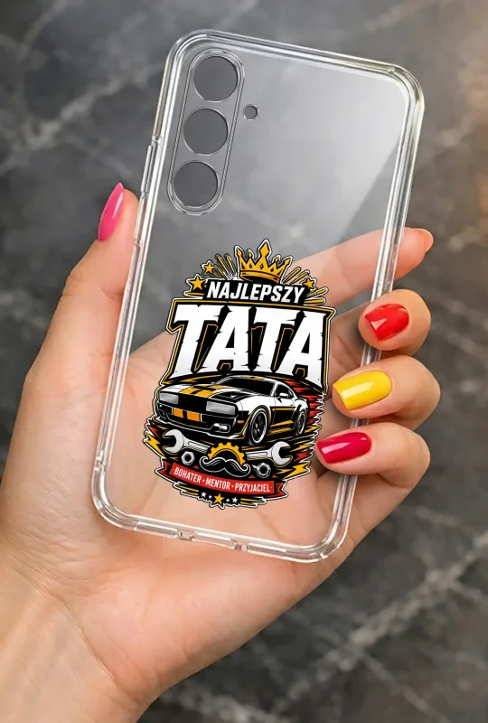 Przezroczyste etui do Samsung Galaxy A37 5G dla Taty z napisem Najlepszy Tata oraz motywem samochodu, korony i narzędzi