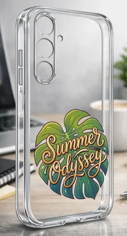 Przezroczyste etui wakacyjne do Samsung Galaxy A37 5G z zielonym liściem monstery i napisem Summer Odyssey