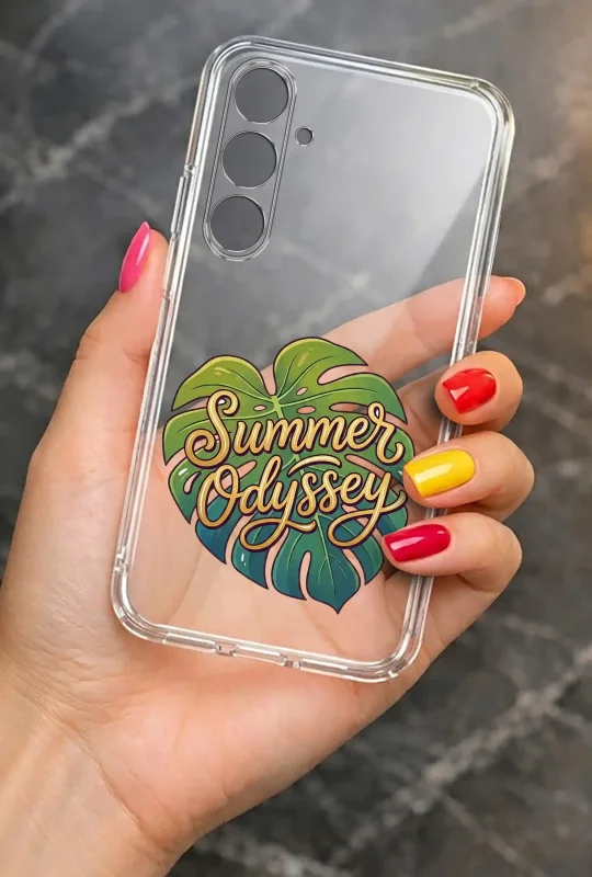 Wakacyjne przezroczyste etui do Samsung Galaxy A37 5G z motywem Summer Odyssey prezentowane w dłoni