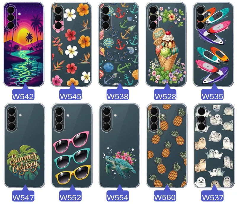 Kolekcja wakacyjnych wzorów etui do Samsung Galaxy A37 5G: palmy, kwiaty, kotwice, lody, deski surfingowe, ananasy i foki