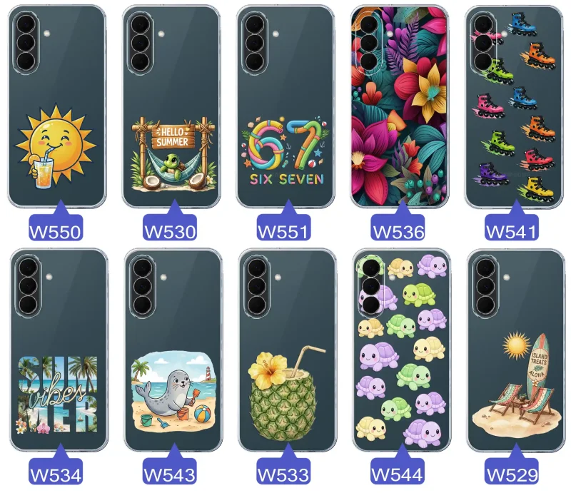 Kolekcja letnich wzorów etui do Samsung Galaxy A37 5G z motywami słońca, żółwia, six seven, tropikalnych kwiatów, rolek, plaży i kokosa