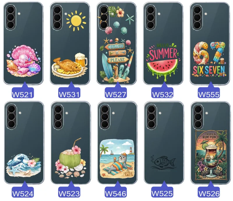 Różne wzory etui wakacyjnych do Samsung Galaxy A37 5G z grafikami muszelek, ryby, plaży, arbuza, lodów, foki, kokosa i tropikalnego drinka