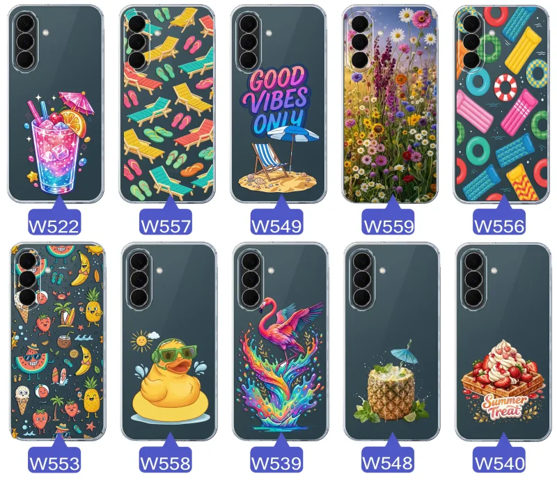 Zestaw przezroczystych etui do Samsung Galaxy A37 5G z wakacyjnymi motywami drinka, leżaków, napisu good vibes, kwiatów, flaminga, ananasa i deseru