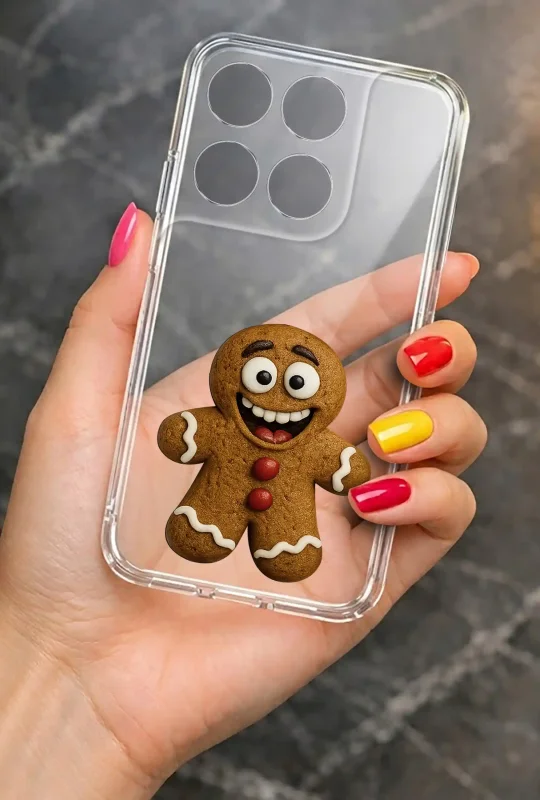 Przezroczyste etui świąteczne do Motorola Moto G37 z motywem piernika prezentowane w dłoni