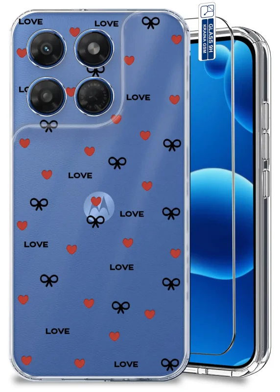 Przezroczyste etui walentynkowe do Motorola Moto G37 z czerwonymi sercami, kokardkami i napisem LOVE oraz szkłem hartowanym 9H w zestawie