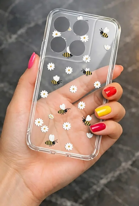 Przezroczyste etui do Motorola Moto G37 z wiosennym wzorem stokrotek i pszczółek prezentowane w dłoni