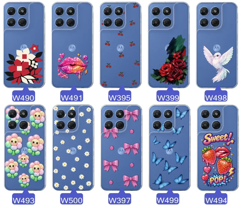 Kolekcja modnych etui z wzorami do Motorola Moto G37: kolorowe modne wzory z kokardkami, różami, motylami, ustami, wisienkami