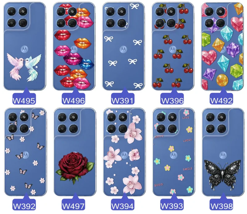 Różne kolorowe stylowe wzory na etui do Motorola Moto G37: kwiaty, wiśnie, ptaszki, usta, kokardy