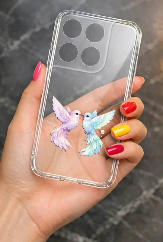 Przezroczyste etui do Motorola Moto G37 z motywem pary pastelowych ptaków trzymane w dłoni
