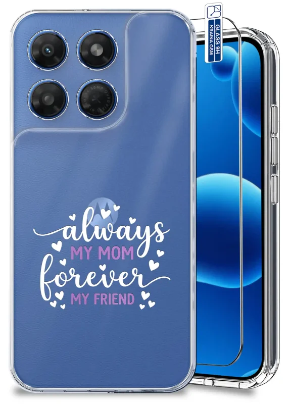 Przezroczyste etui dla Mamy do Motorola Moto G37 z napisem Always My Mom Forever My Friend i serduszkami oraz szkłem hartowanym 9H w zestawie