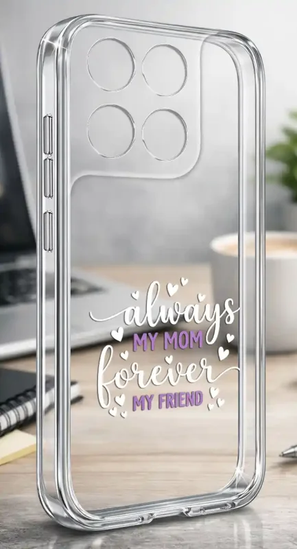 Etui dla Mamy do Motorola Moto G37 z przezroczystą konstrukcją, napisem Always My Mom Forever My Friend i drobnymi sercami