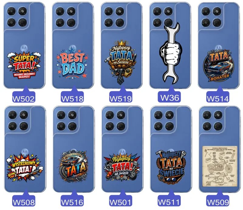 Różne wzory przezroczystych etui dla Taty do Motorola Moto G37 z kolorowymi nadrukami i motywami na Dzień Ojca i nie tylko