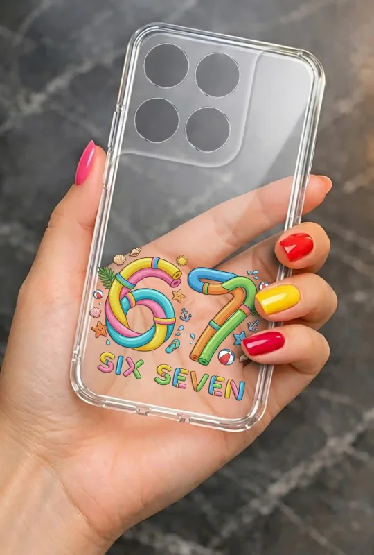 Wzór 67 Six Seven z letnimi motywami na przezroczystym etui do Motorola Moto G37 prezentowanym w dłoni
