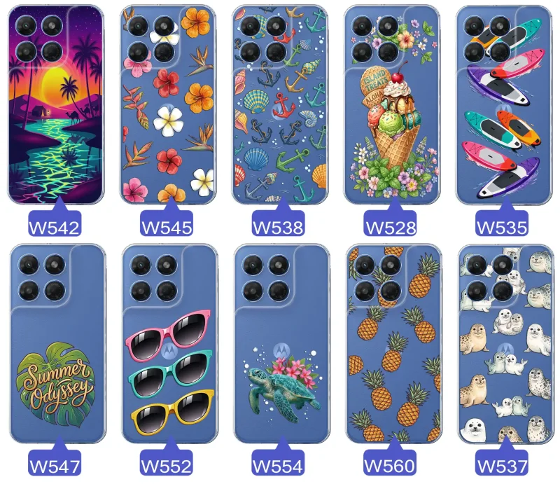 Kolekcja wakacyjnych wzorów etui do Motorola Moto G37: palmy, kwiaty, kotwice, lody, deski surfingowe, ananasy i foki