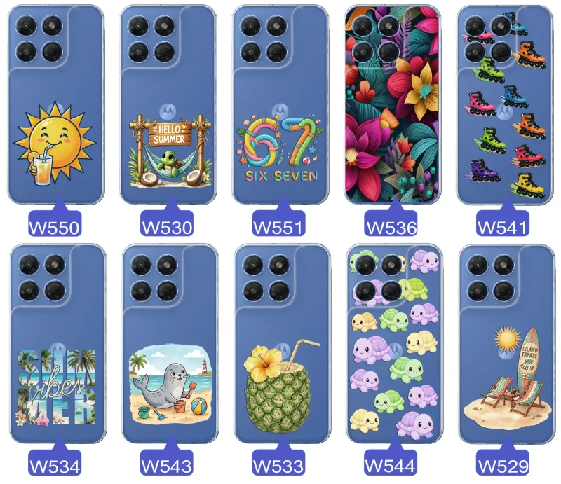 Kolekcja letnich wzorów etui do Motorola Moto G37 z motywami słońca, żółwia, six seven, tropikalnych kwiatów, rolek, plaży i kokosa