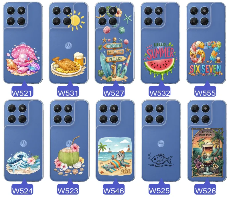 Różne wzory etui wakacyjnych do Motorola Moto G37 z grafikami muszelek, ryby, plaży, arbuza, lodów, foki, kokosa i tropikalnego drinka