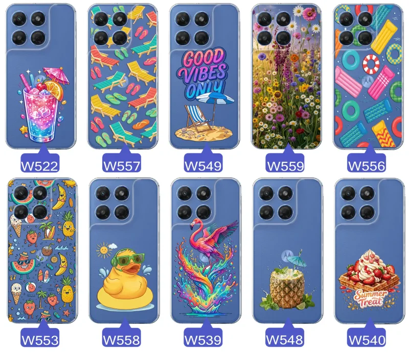 Zestaw przezroczystych etui do Motorola Moto G37 z wakacyjnymi motywami drinka, leżaków, napisu good vibes, kwiatów, flaminga, ananasa i deseru
