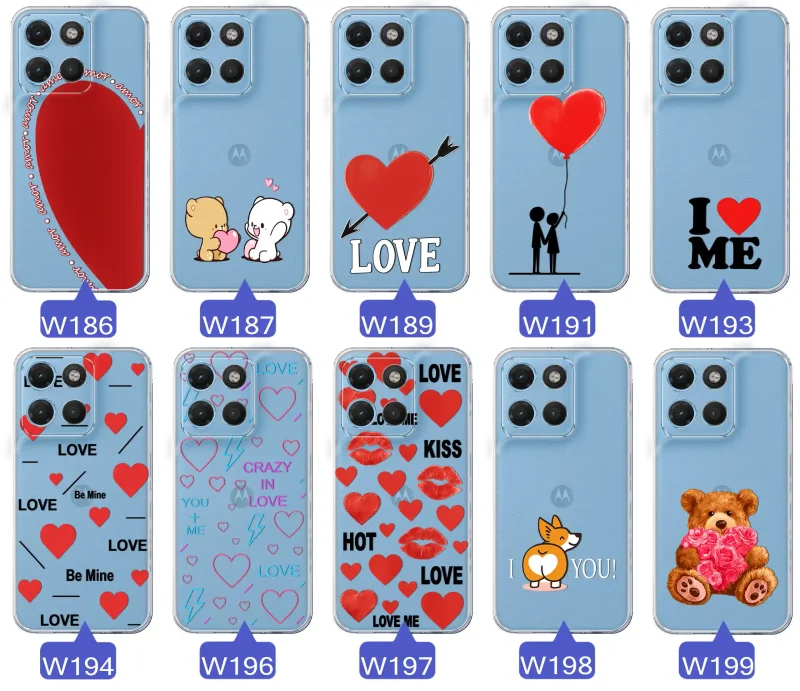 Kolekcja wzorów walentynkowych na case do Motorola Moto G15 / G17 / Power: kolorowe serca, napisy love, kwiaty, misie, pies
