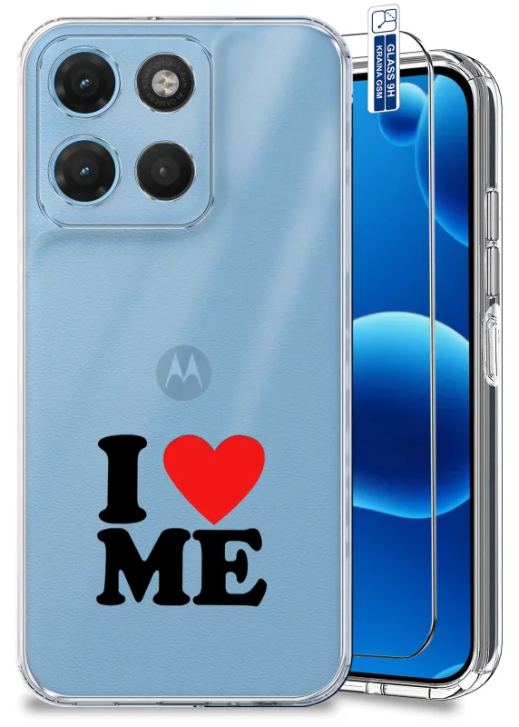Przezroczyste etui walentynkowe do Motorola Moto G15 / G17 / Power z nadrukiem I Love Me i szkłem hartowanym 9H