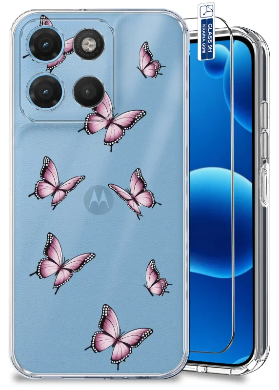 Przezroczyste etui wiosenne do Motorola Moto G15 / G17 / Power z różowymi motylami i szkłem hartowanym 9H