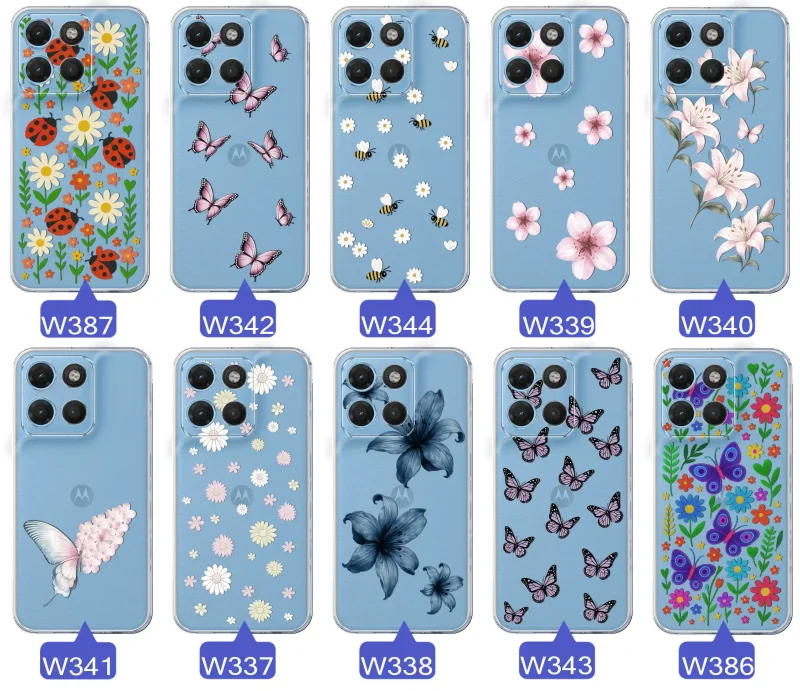 Kolekcja etui wiosennych Motorola Moto G15 / G17 / Power: różnorodne wzory kwiatki, motylki, pszczółki, biedronki na przezroczystym case