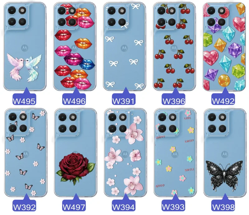 Różne kolorowe stylowe wzory na etui do Motorola Moto G15 / G17 / Power: kwiaty, wiśnie, ptaszki, usta, kokardy