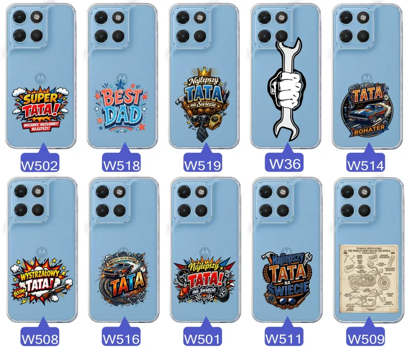 Różne wzory przezroczystych etui dla Taty do Motorola Moto G15 / G17 / Power z kolorowymi nadrukami i motywami na Dzień Ojca i nie tylko