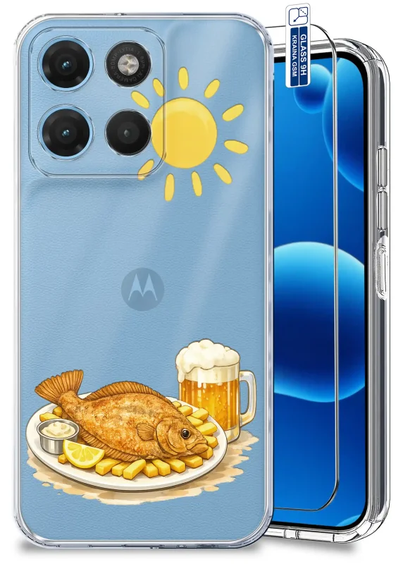Przezroczyste etui wakacyjne do Motorola Moto G15 / G17 / Power z nadrukiem ryby, frytek, piwa i słońca oraz szkłem hartowanym 9H