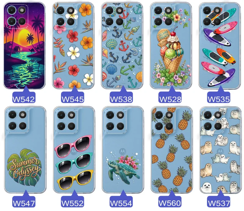 Kolekcja wakacyjnych wzorów etui do Motorola Moto G15 / G17 / Power: palmy, kwiaty, kotwice, lody, deski surfingowe, ananasy i foki