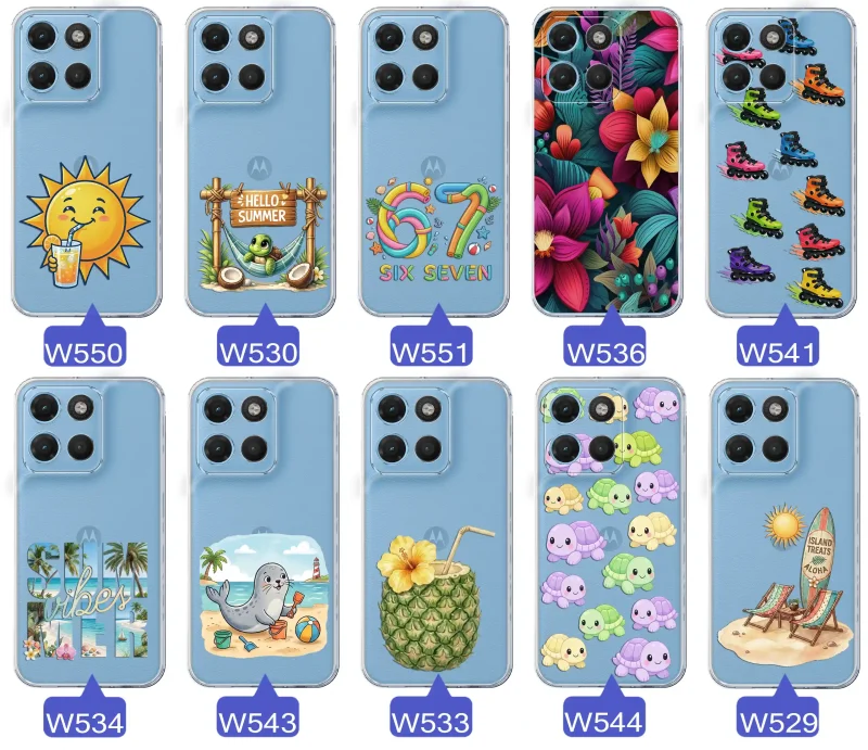 Kolekcja letnich wzorów etui do Motorola Moto G15 / G17 / Power z motywami słońca, żółwia, six seven, tropikalnych kwiatów, rolek, plaży i kokosa